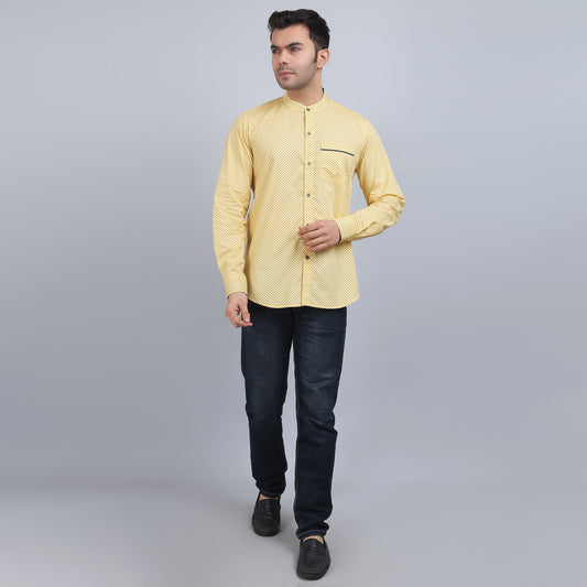 Yellow cotton printed band collar full sleeves shirt