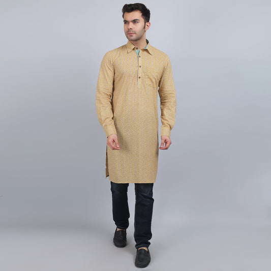 Yellow cotton full-sleeves shirt collar kurta in comfort fit