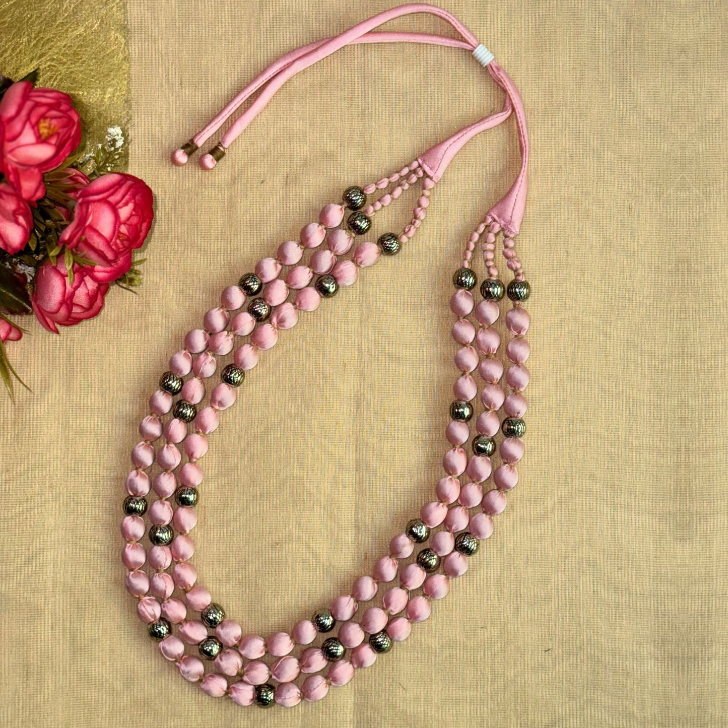 3 Layer Fabric Beaded Necklace in satin