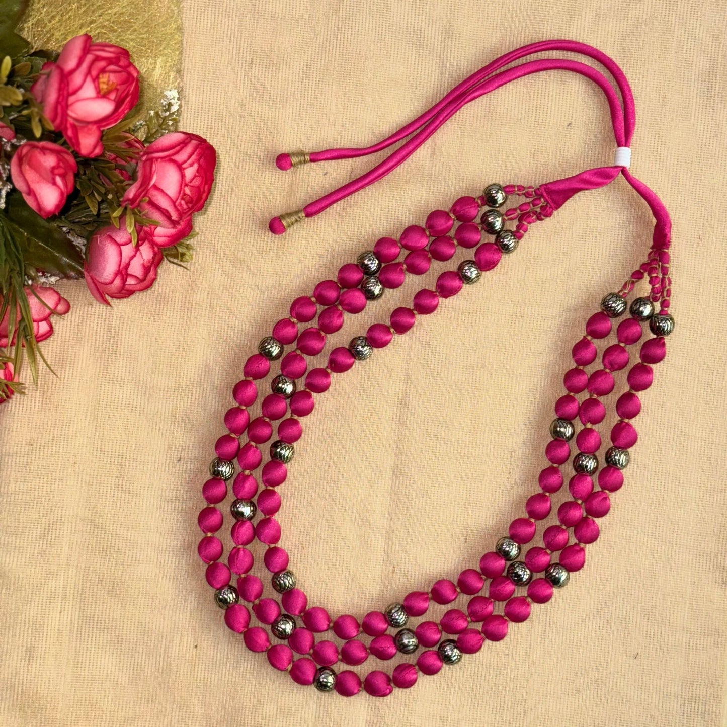 3 Layer Fabric Beaded Necklace in satin