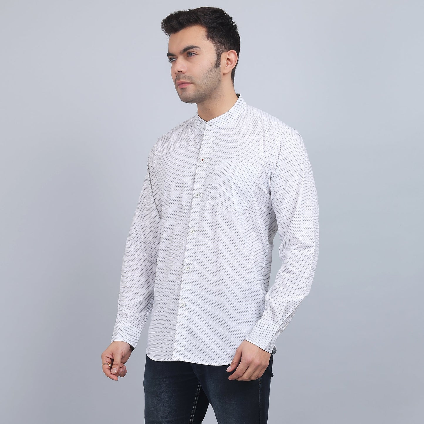White Cotton printed band collar full sleeves shirt