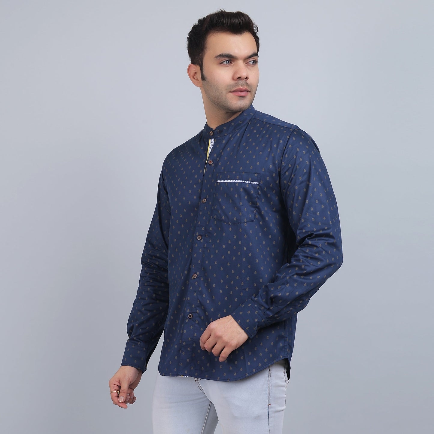 Navy blue Cotton printed band collar full sleeves shirt