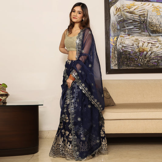 Navy blue Embroidered Lehenga Set