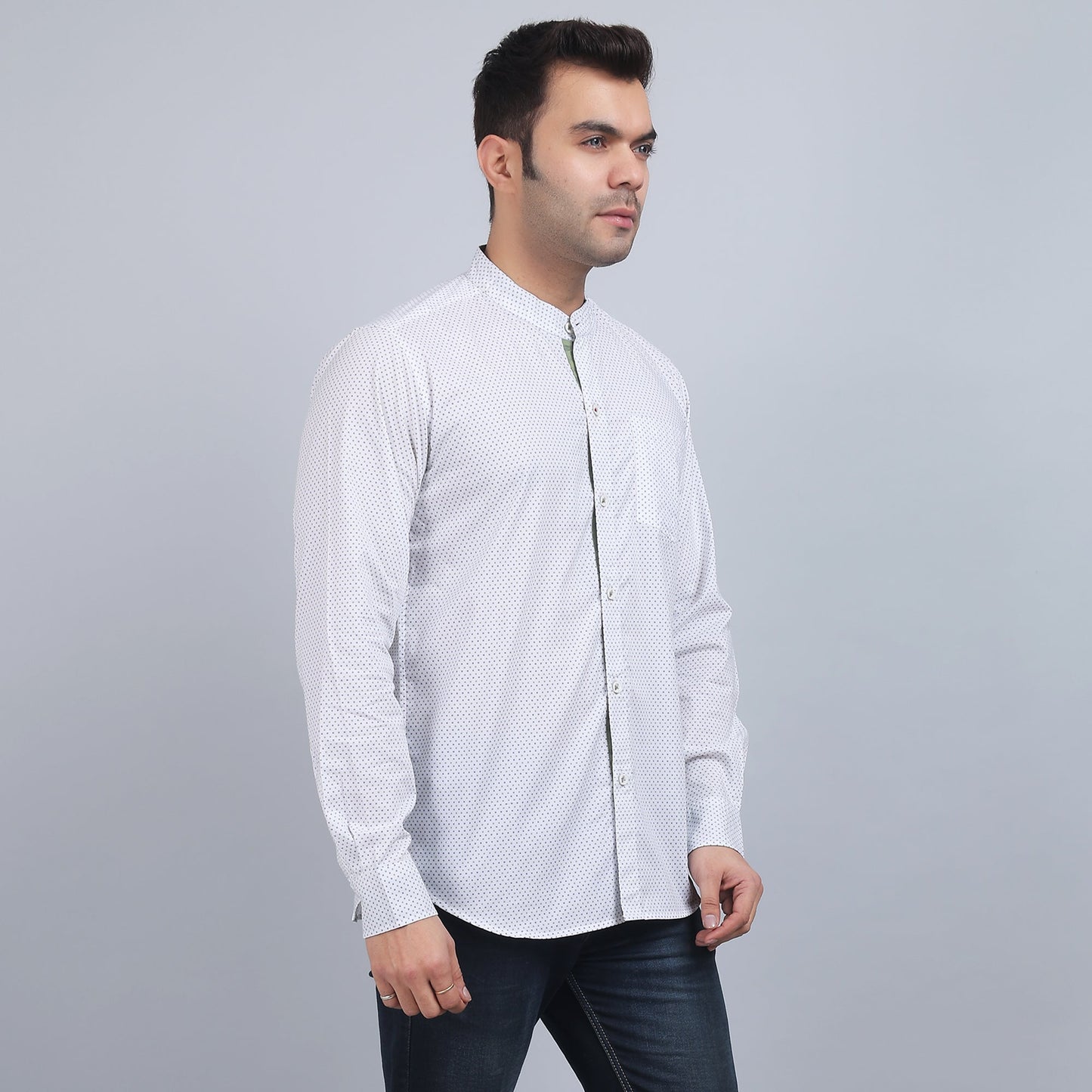 White Cotton printed band collar full sleeves shirt