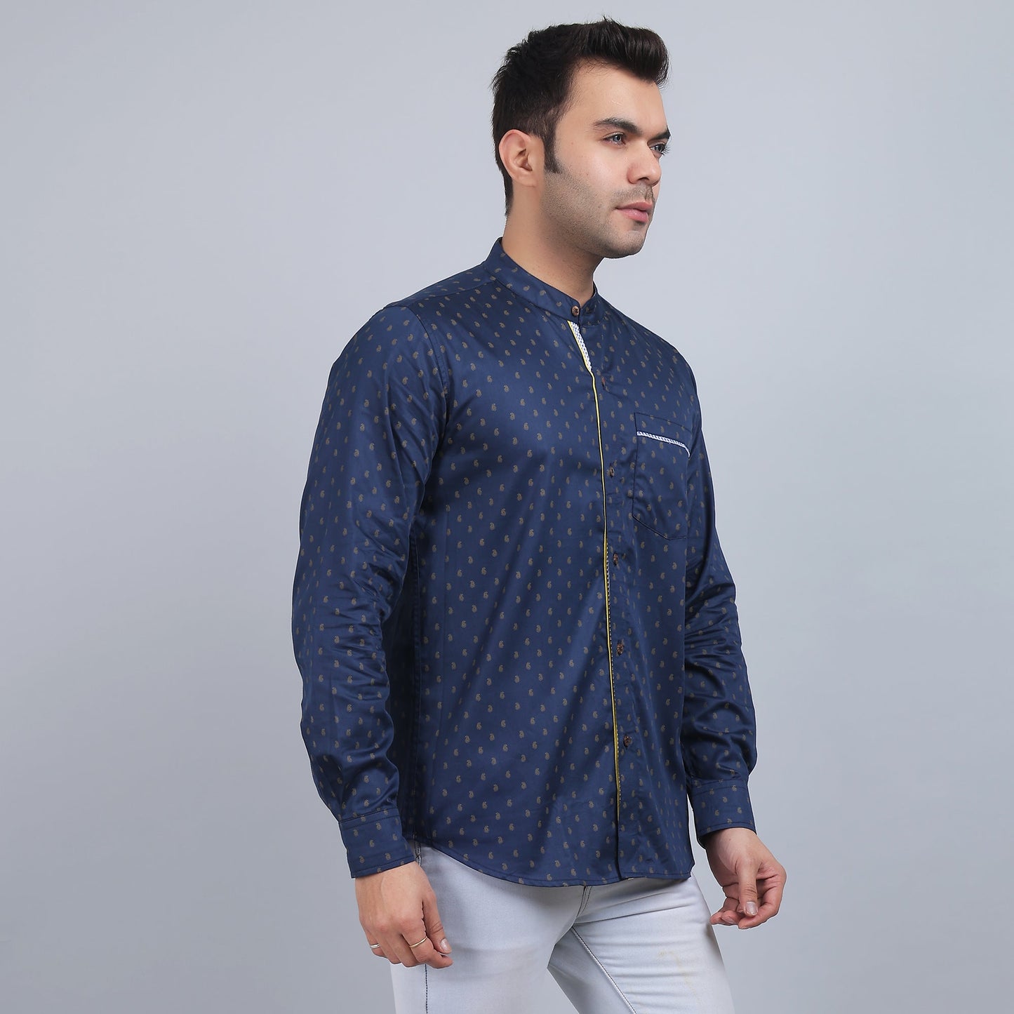 Navy blue Cotton printed band collar full sleeves shirt