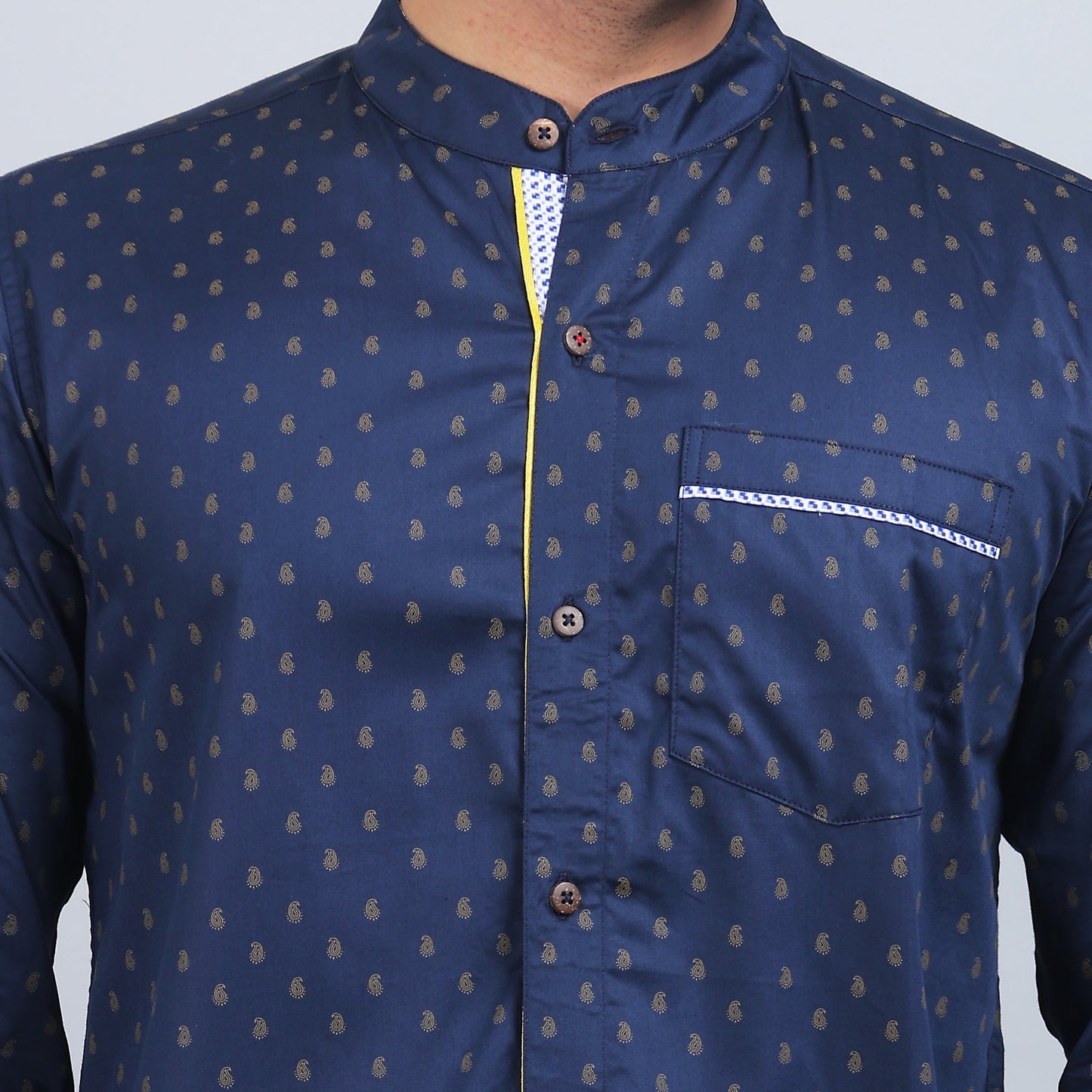 Navy blue Cotton printed band collar full sleeves shirt