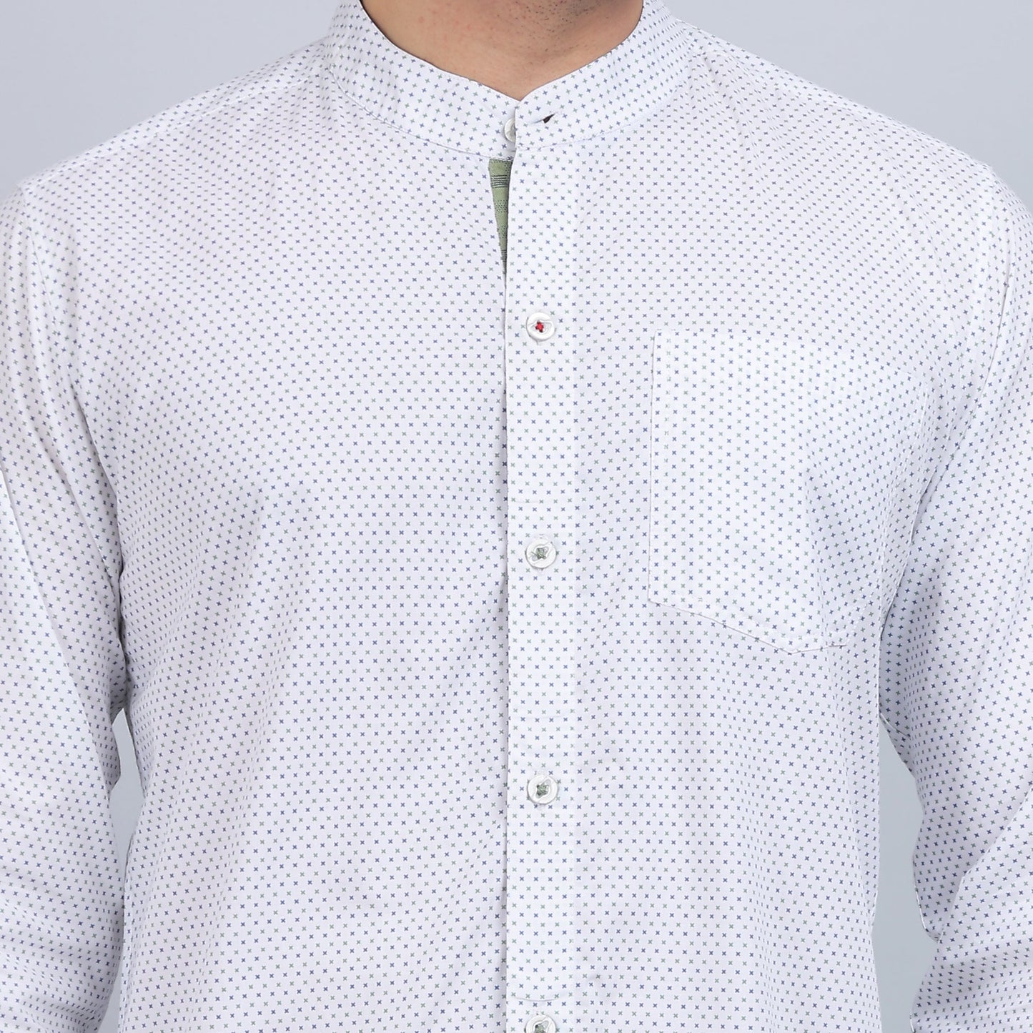 White Cotton printed band collar full sleeves shirt