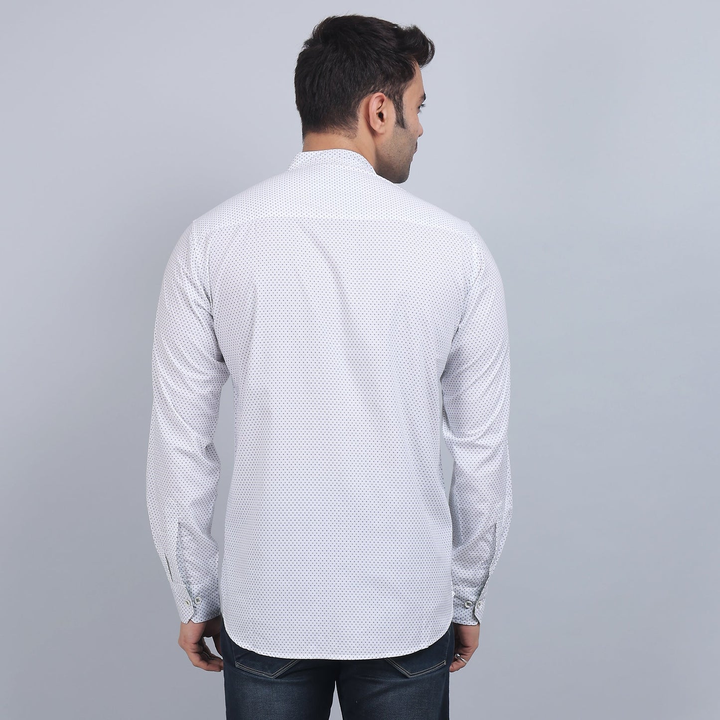White Cotton printed band collar full sleeves shirt