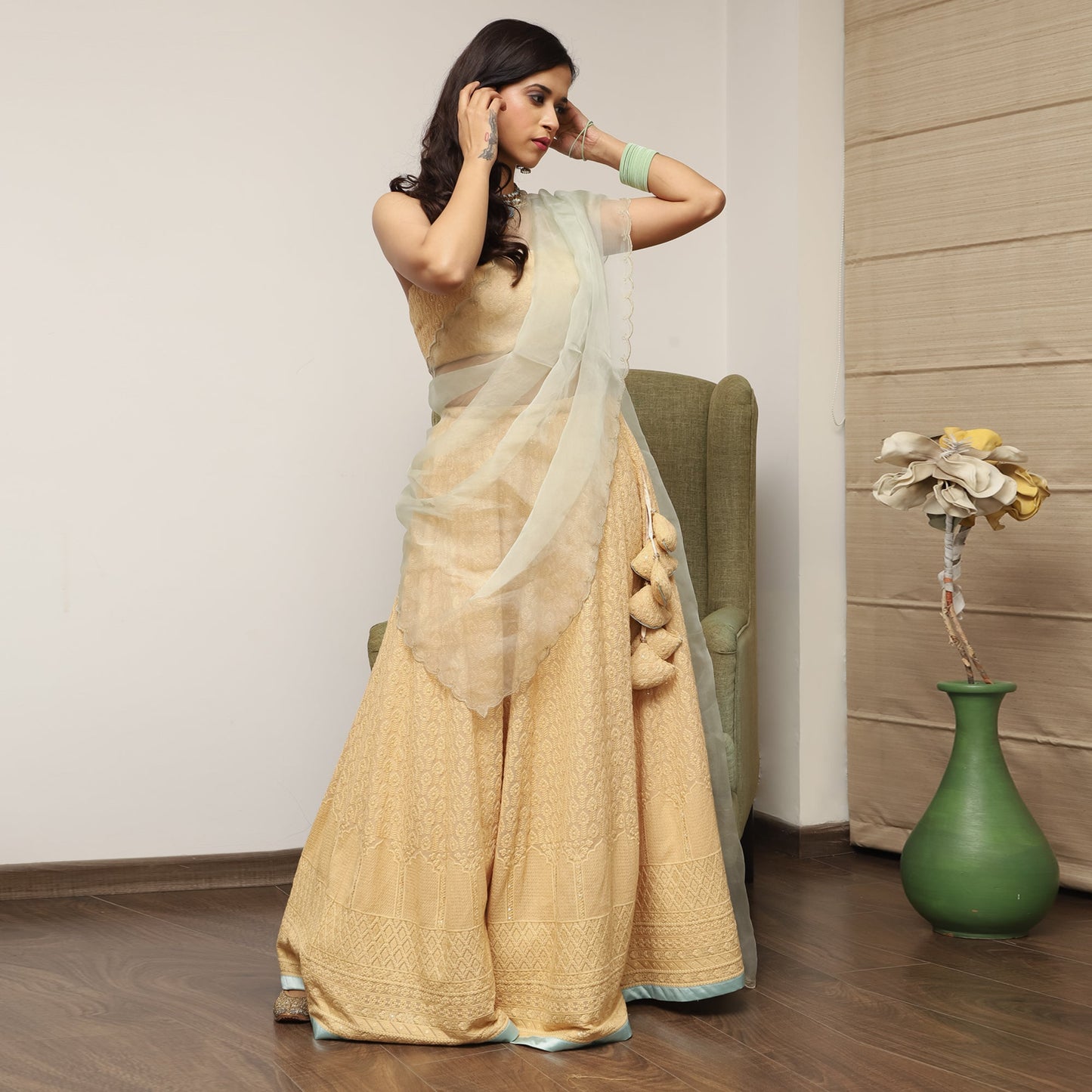 Beige Embroidered Lehenga Set