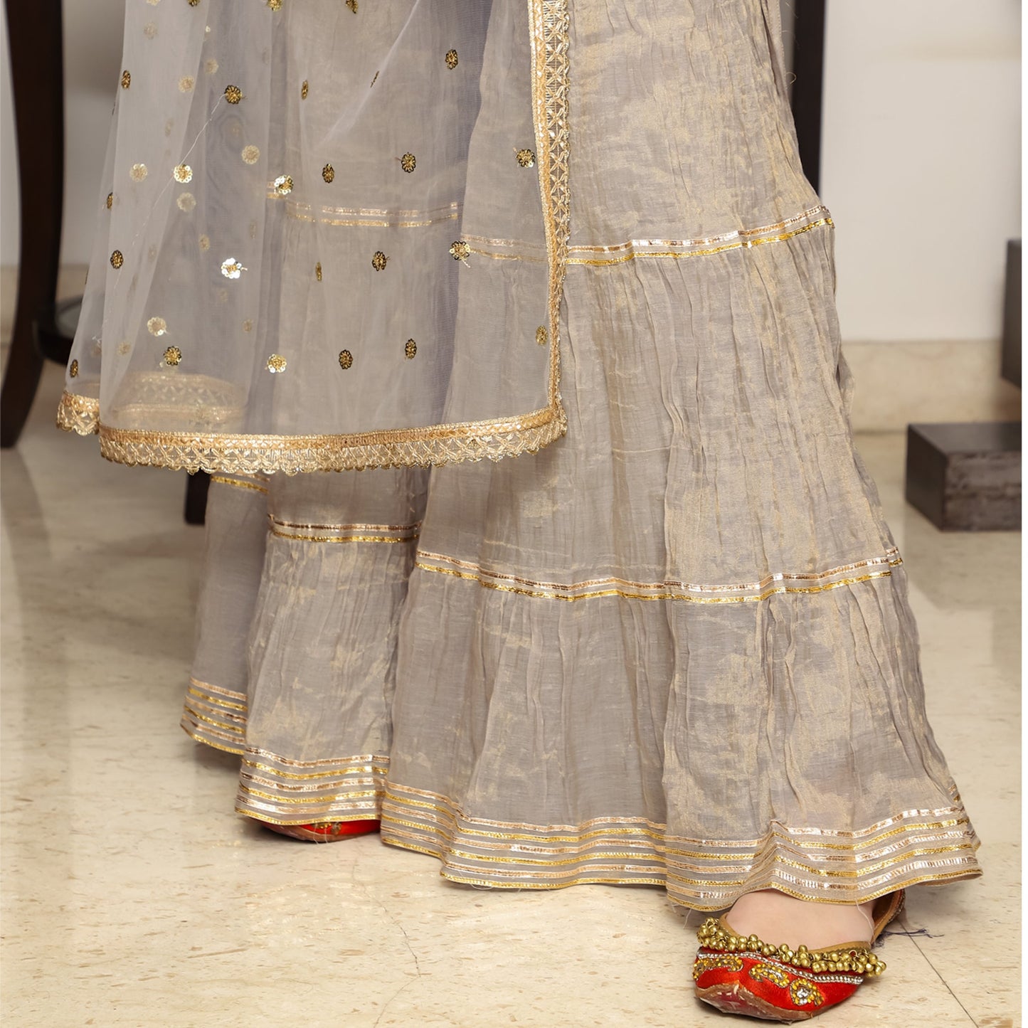 Grey metallic chanderi sharara set
