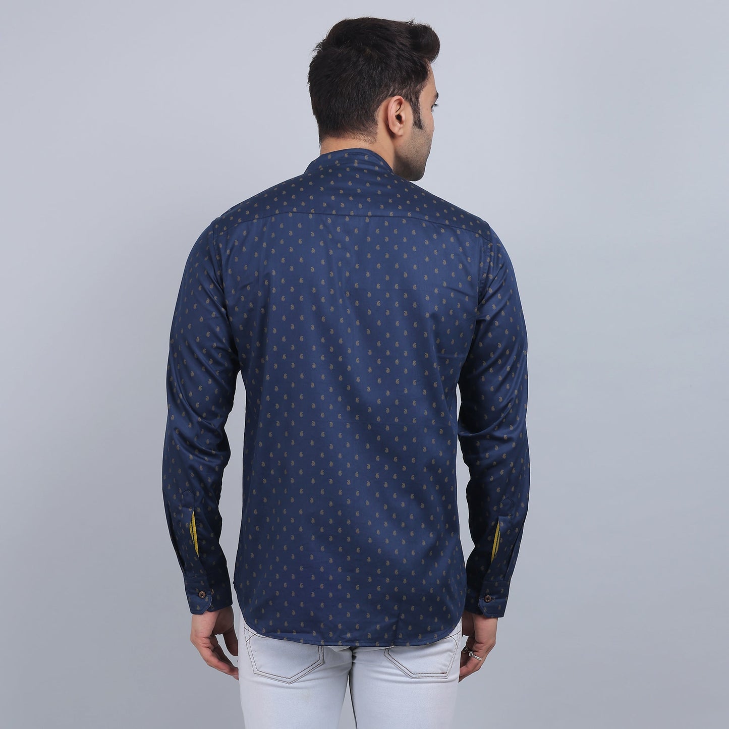 Navy blue Cotton printed band collar full sleeves shirt