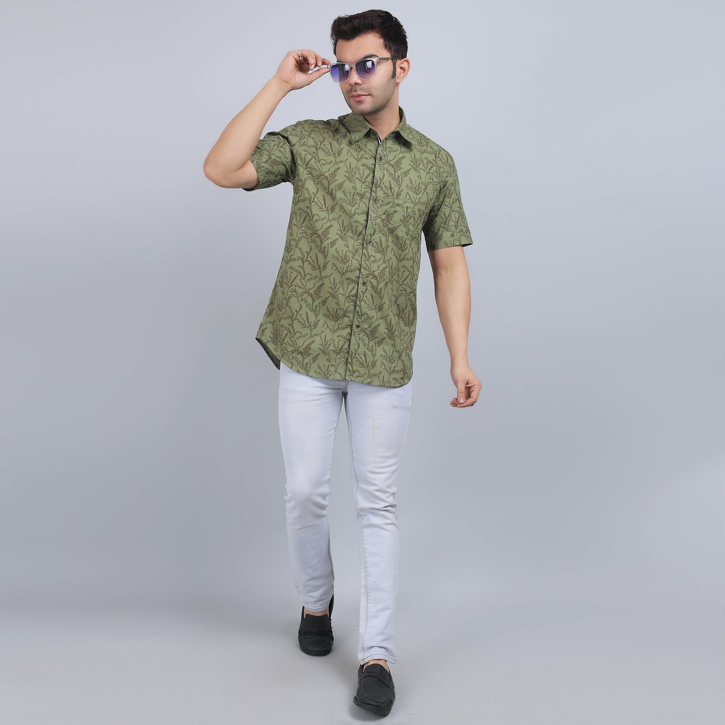 Olive Green Cotton printed half sleeves shirt