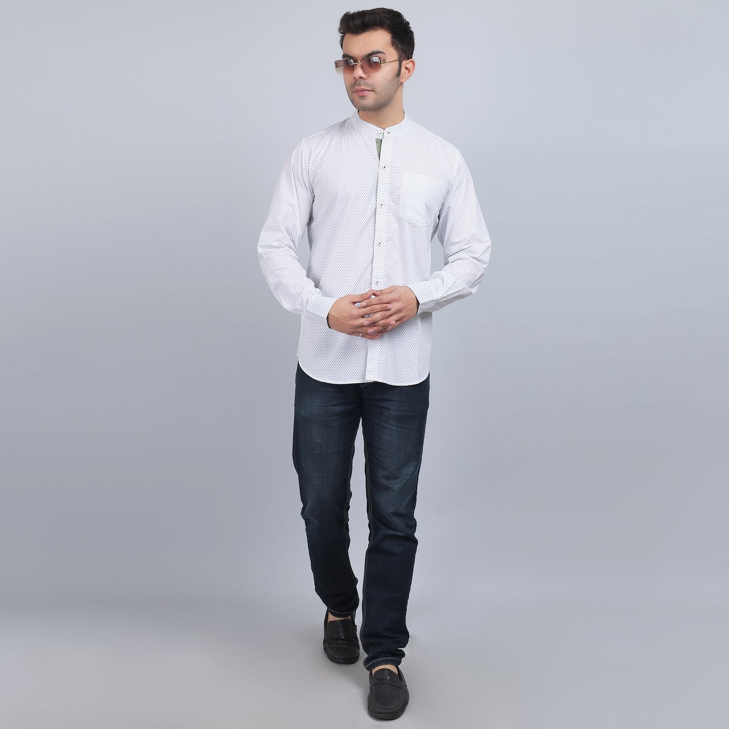 White Cotton printed band collar full sleeves shirt