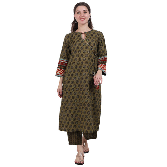 Olive Green Block Printed agarkha Kurta Set