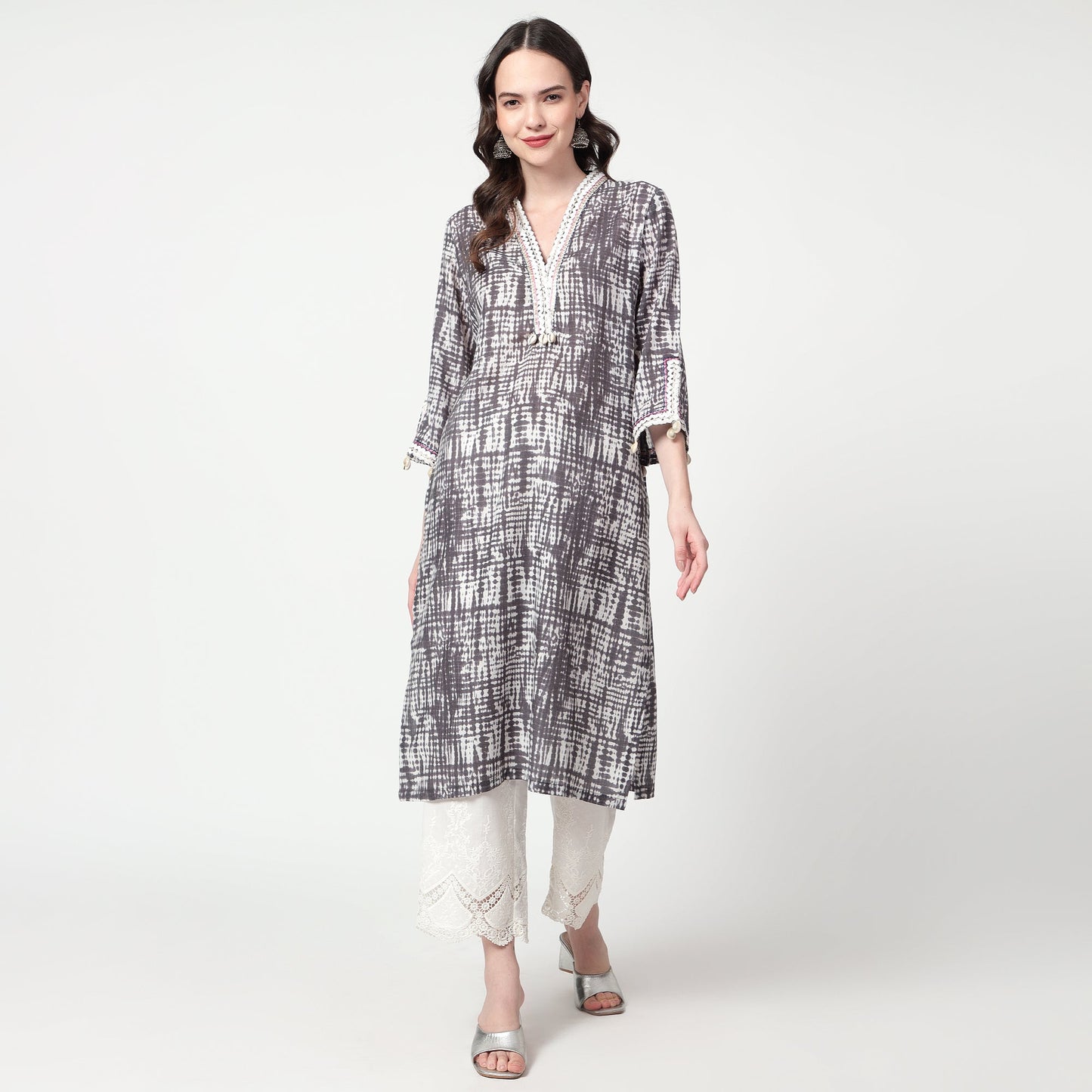 Grey Printed lace detailing kurta