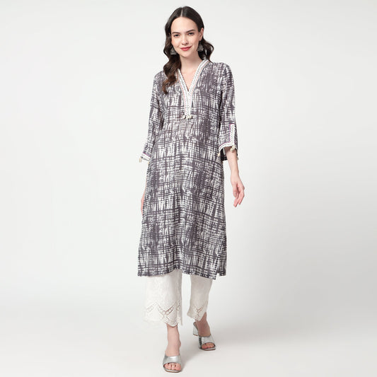 Grey Printed lace detailing kurta
