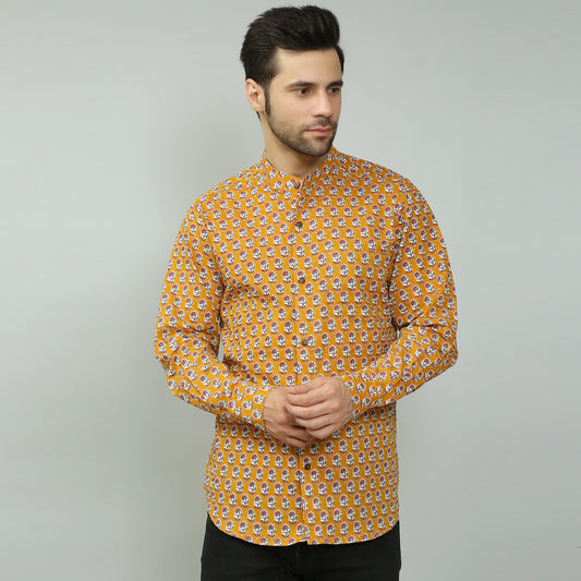 mustard Cotton printed full sleeves band collar shirt