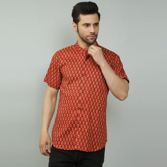 maroon Cotton printed half sleeves band collar shirt