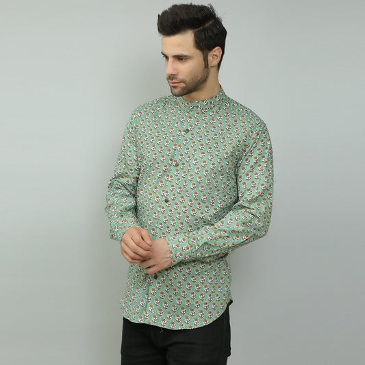 green Cotton printed full sleeves band collar shirt