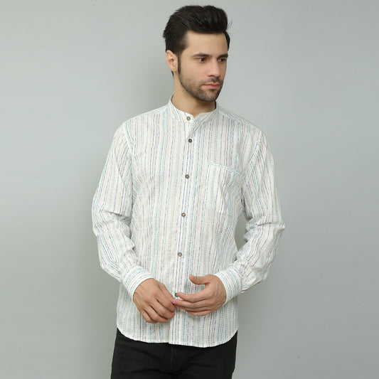 white Cotton printed full sleeves band collar shirt