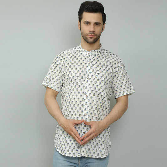 white Cotton printed half sleeves band collar shirt