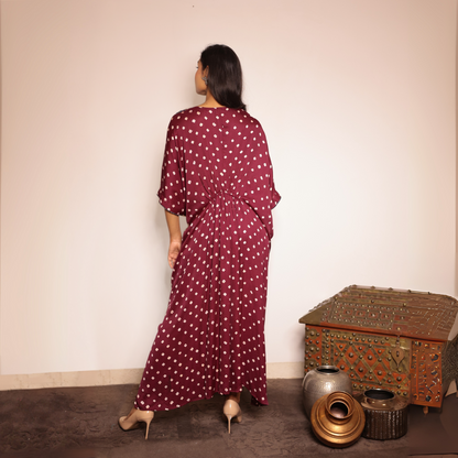 Wine Bandhani Modal Silk Kaftan