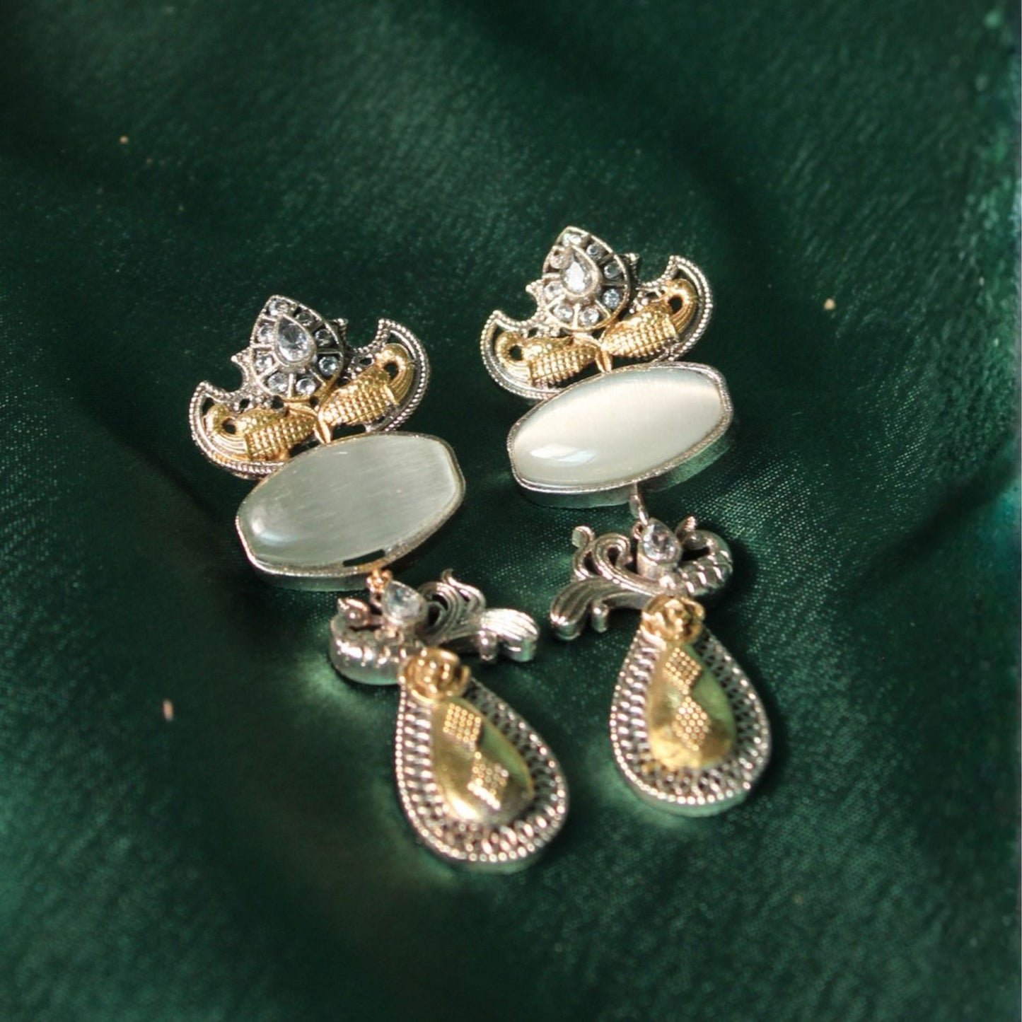 Grey Dual Tone Stone Brass Drop Earrings