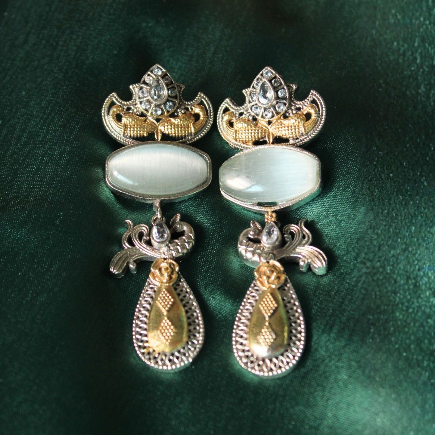 Grey Dual Tone Stone Brass Drop Earrings