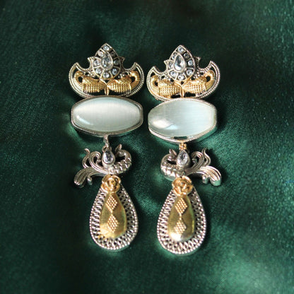 Grey Dual Tone Stone Brass Drop Earrings