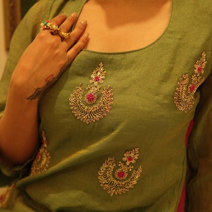 Green hand embroidered tissue sharara set with Dupatta