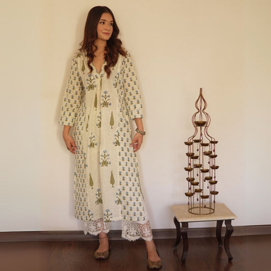 Blue A-line kali mughal printed Kurta set