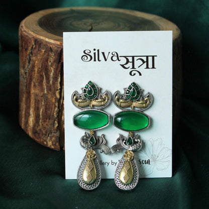 Emerald Green Dual Tone Stone Brass Drop Earrings