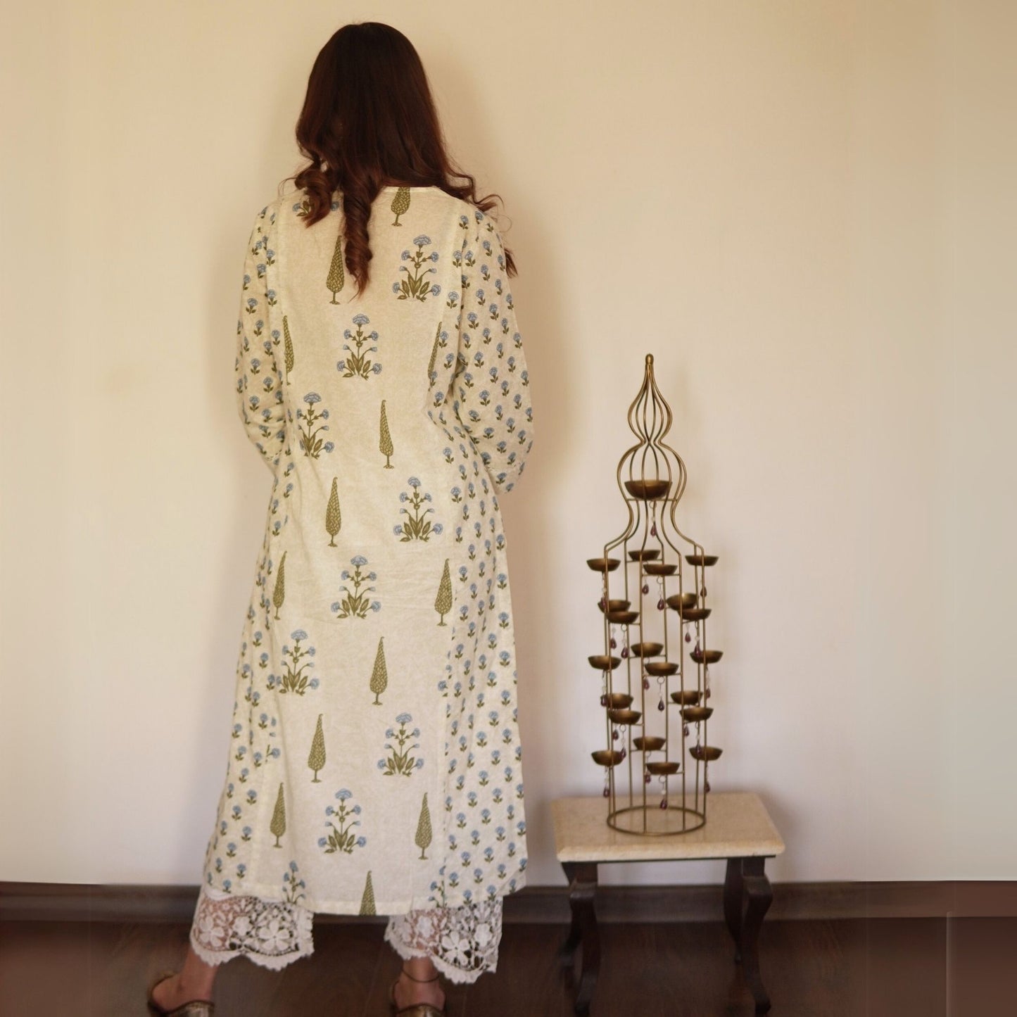 Blue A-line kali mughal printed Kurta set