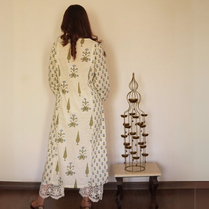 Blue A-line kali mughal printed Kurta set
