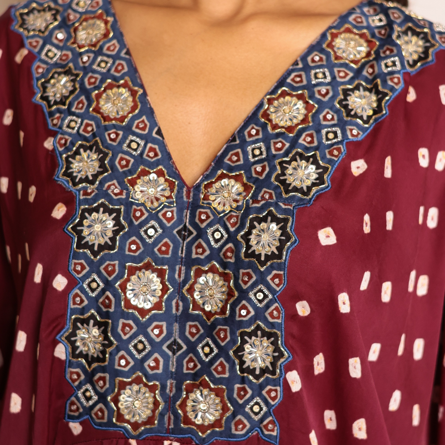 Wine Bandhani Modal Silk Kaftan