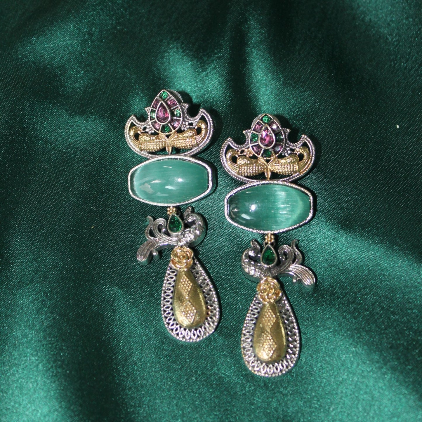 Aqua Dual Tone Stone Brass Drop Earrings