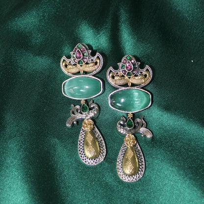 Aqua Dual Tone Stone Brass Drop Earrings
