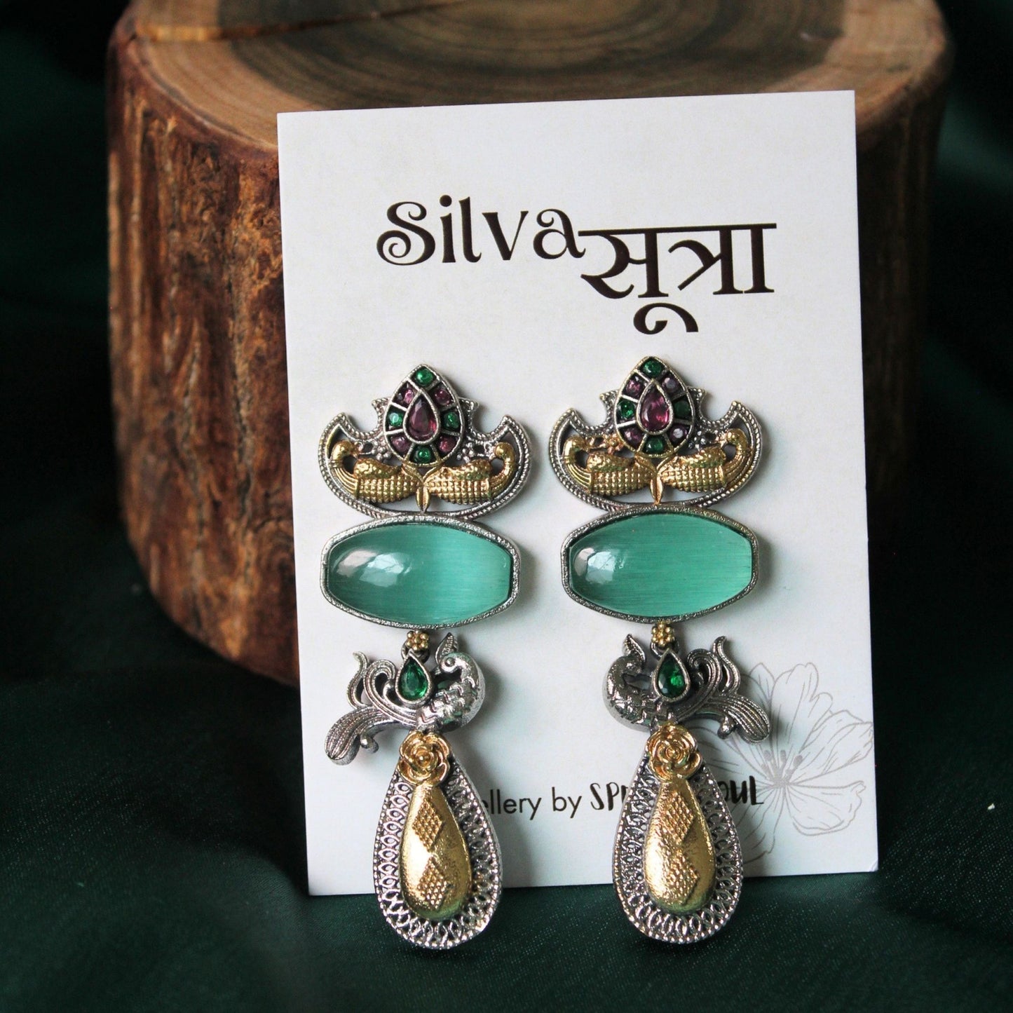 Aqua Dual Tone Stone Brass Drop Earrings