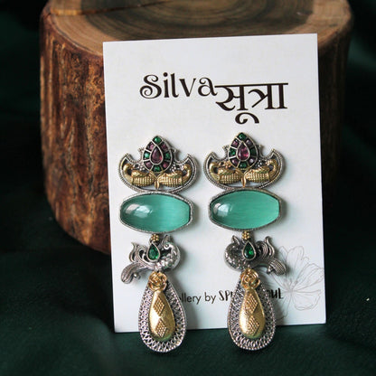 Aqua Dual Tone Stone Brass Drop Earrings