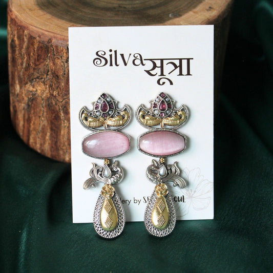 Pink Dual Tone Stone Brass Drop Earrings