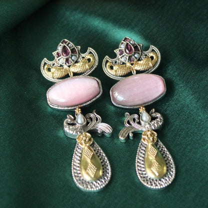Pink Dual Tone Stone Brass Drop Earrings