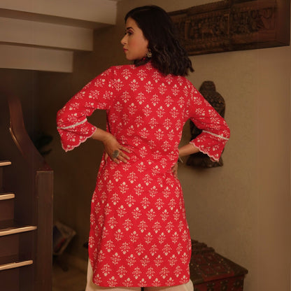 Red Floral Cotton Kurta