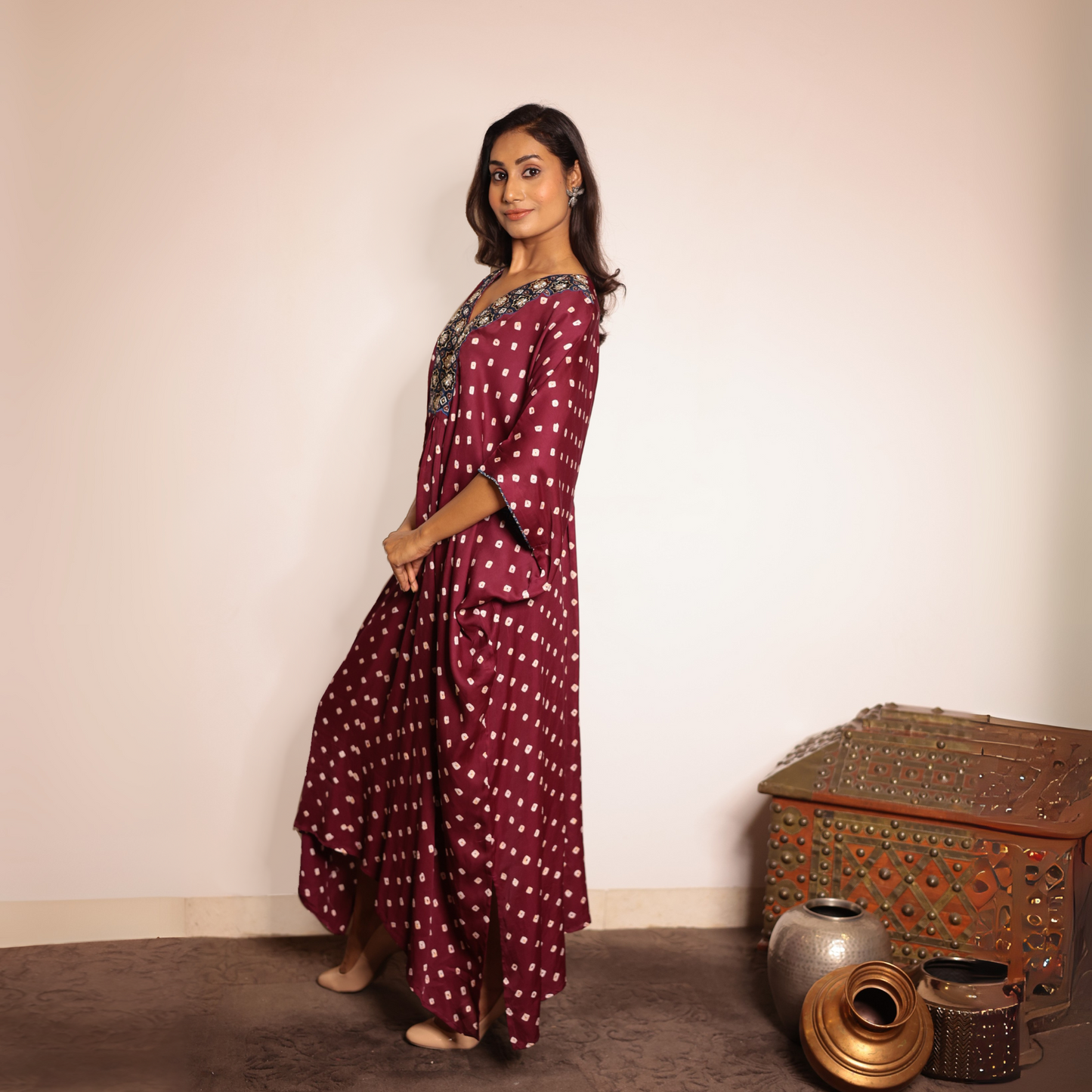 Wine Bandhani Modal Silk Kaftan