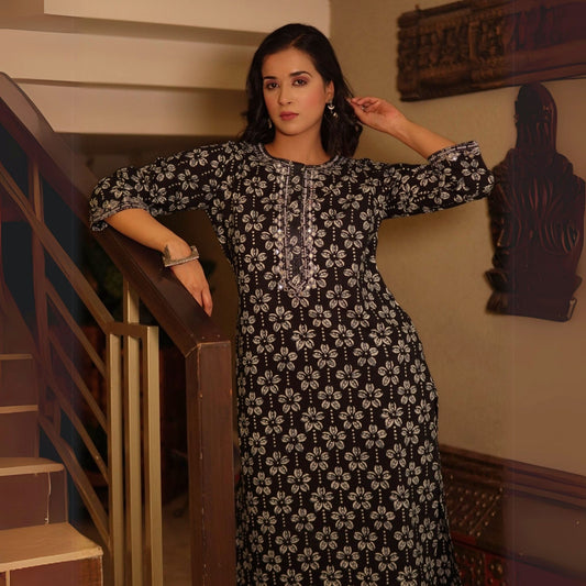 Black Floral Cotton Kurta Set with mirrorwork