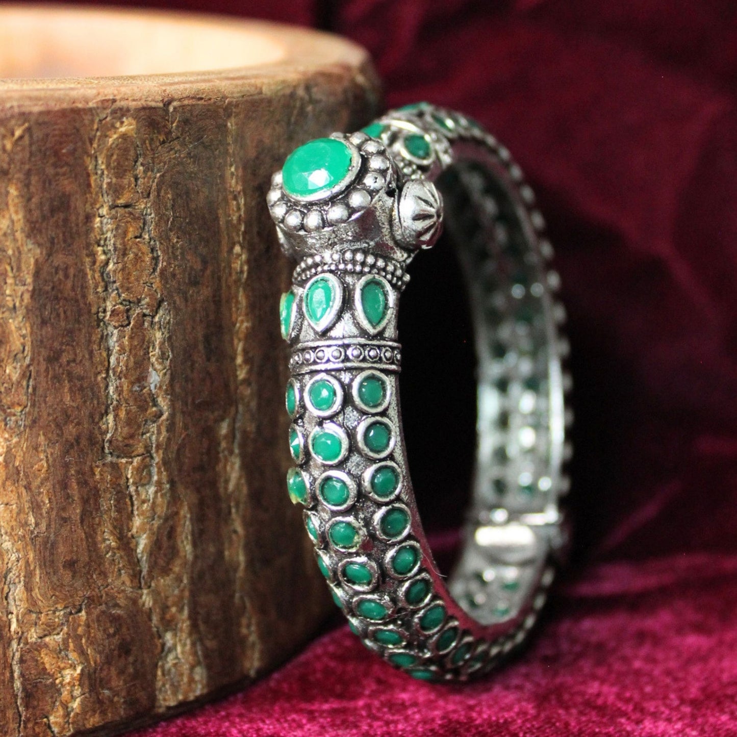 Green Oxidised Stone Brass Bangle