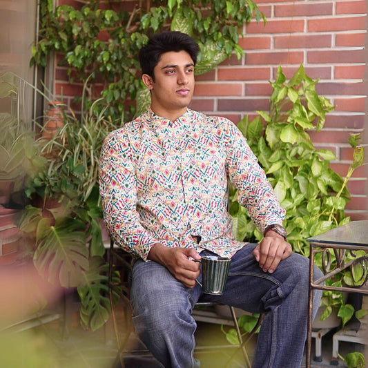 Multicolor Ikkat Printed Full-Sleeves Cotton Shirt
