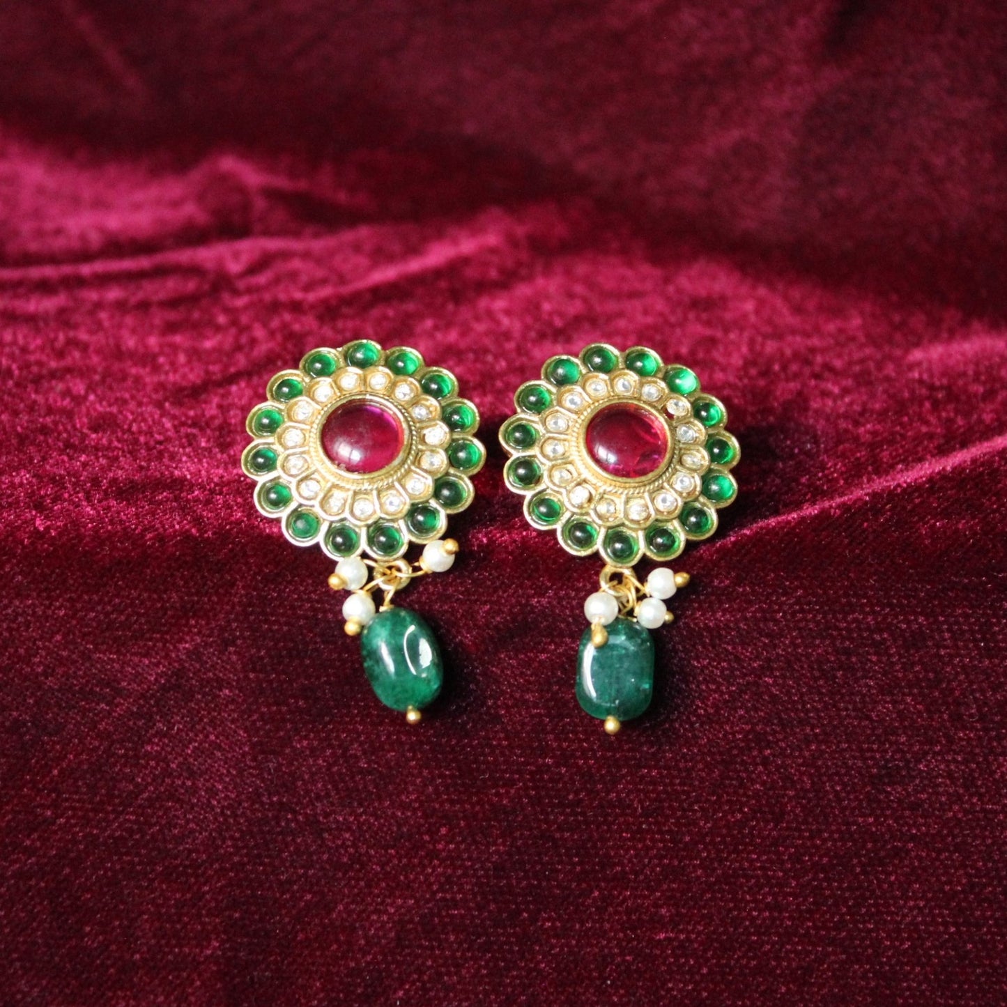 Gold-Green Stone Handcrafted Metal Drop Earrings
