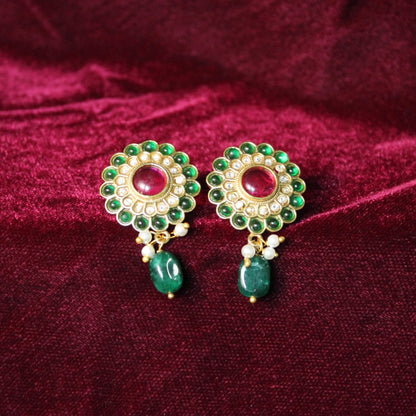 Gold-Green Stone Handcrafted Metal Drop Earrings
