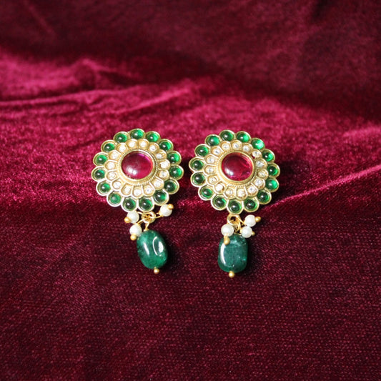 Gold-Green Stone Handcrafted Metal Drop Earrings