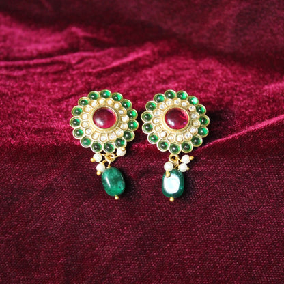 Gold-Green Stone Handcrafted Metal Drop Earrings